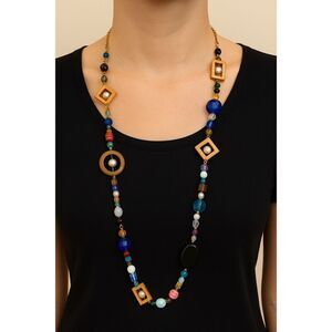 Colorful Long Beaded Statement Necklace Geometric Shapes Boho Retro Style Blue,